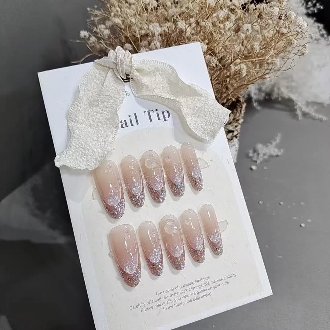 Glitter Halo uzliekamie nagi, gara ovāla forma, atkārtoti lietojami mākslīgie nagi