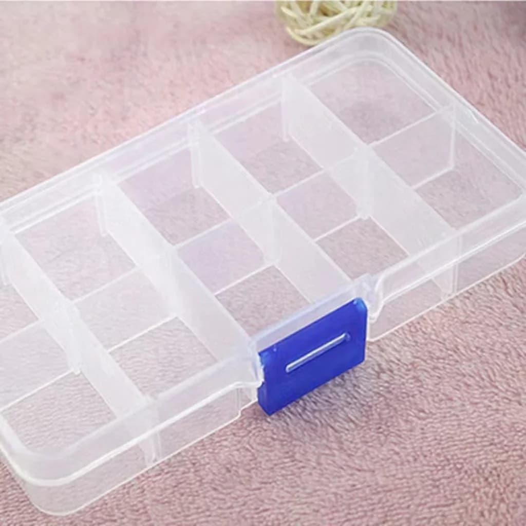 Caurspīdīga plastmasas uzglabāšanas kaste ar 10 nodalījumiem nagu akmeņiem un instrumentiem