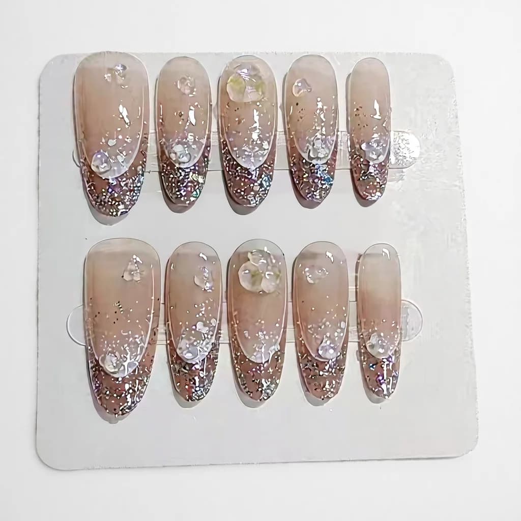 Glitter Halo uzliekamie nagi, gara ovāla forma, atkārtoti lietojami mākslīgie nagi