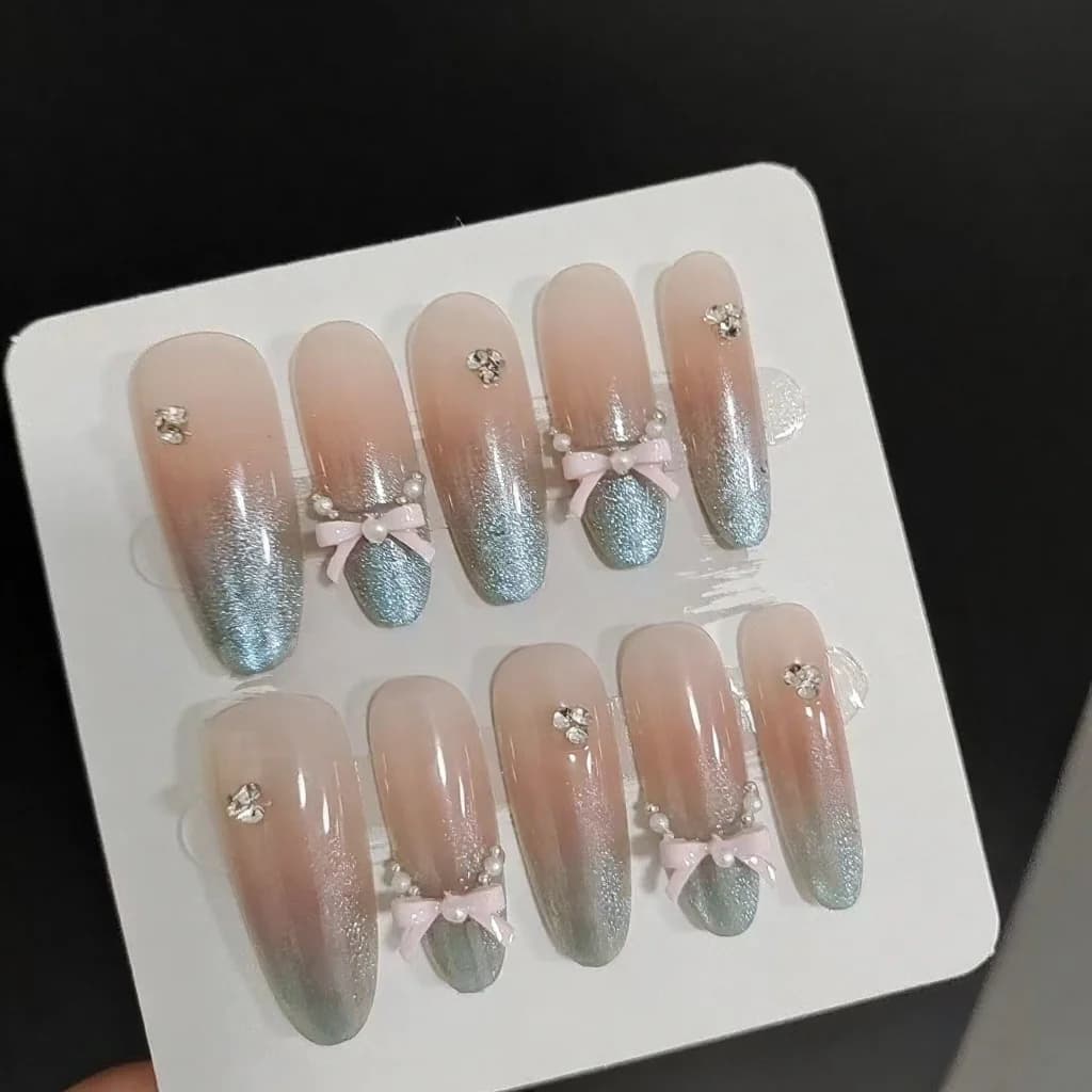 Mākslīgie nagi Sea Salt leoparda raksts, kaķa acs efekts, lente, gara Stiletto forma