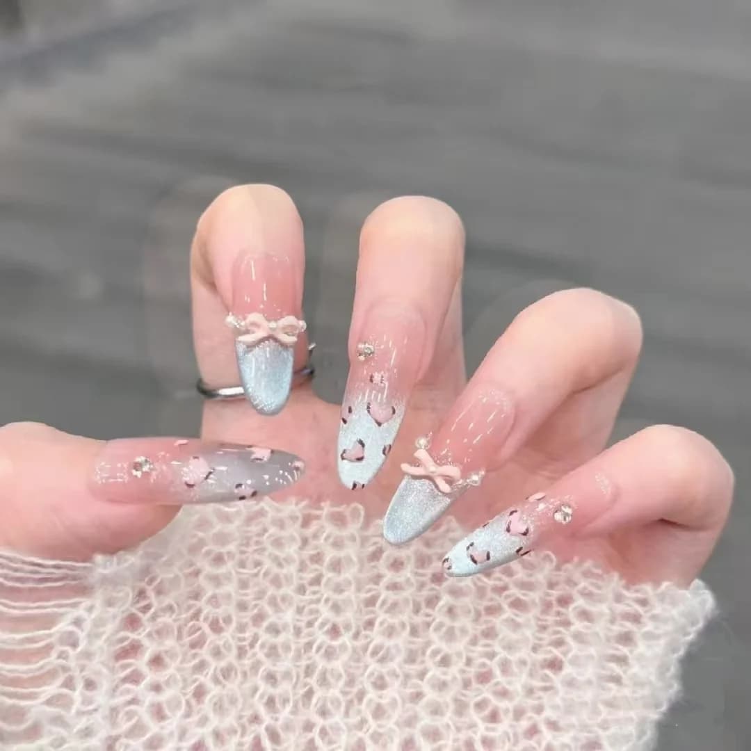 Mākslīgie nagi Sea Salt leoparda raksts, kaķa acs efekts, lente, gara Stiletto forma